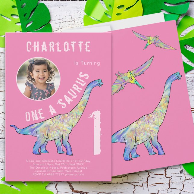 Invitation Dinosaur 1er anniversaire fête rose photo (Girls dinosaur 1st birthday party invitation one a saurus colorful dino watercolor & photo template)