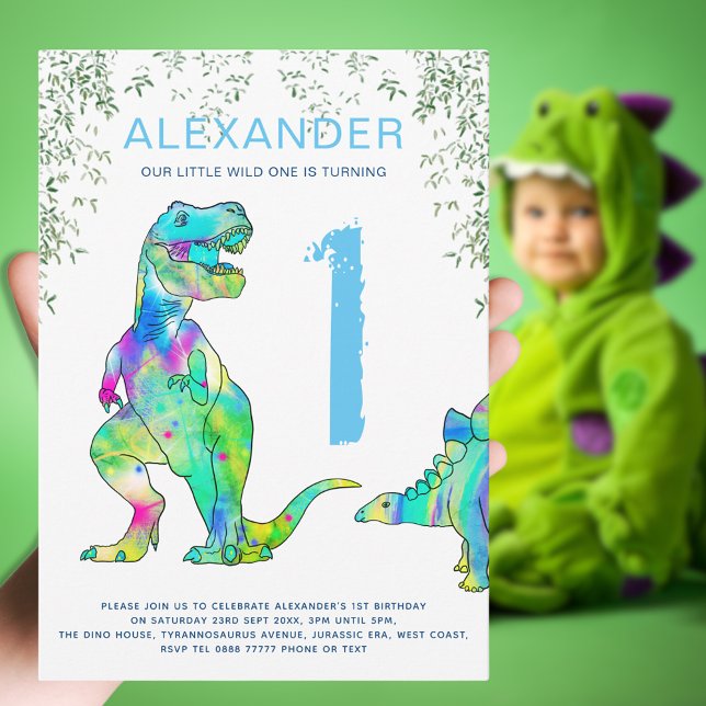 Invitation Dinosaur 1er anniversaire fête sauvage un bleu (Dinosaur wild one boys blue color theme 1st birthday party invitation colorful T-Rex & stegosaurus )