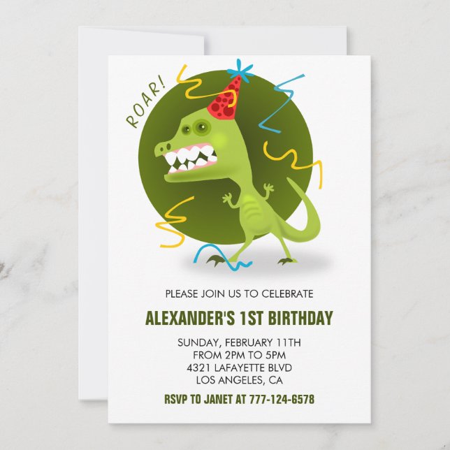 Invitation Dinosaur 1er anniversaire garçon t rex pour enfant (Devant)