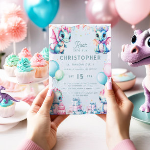 Invitation Dinosaur 1er anniversaire Pastel Cute Dino Dragon