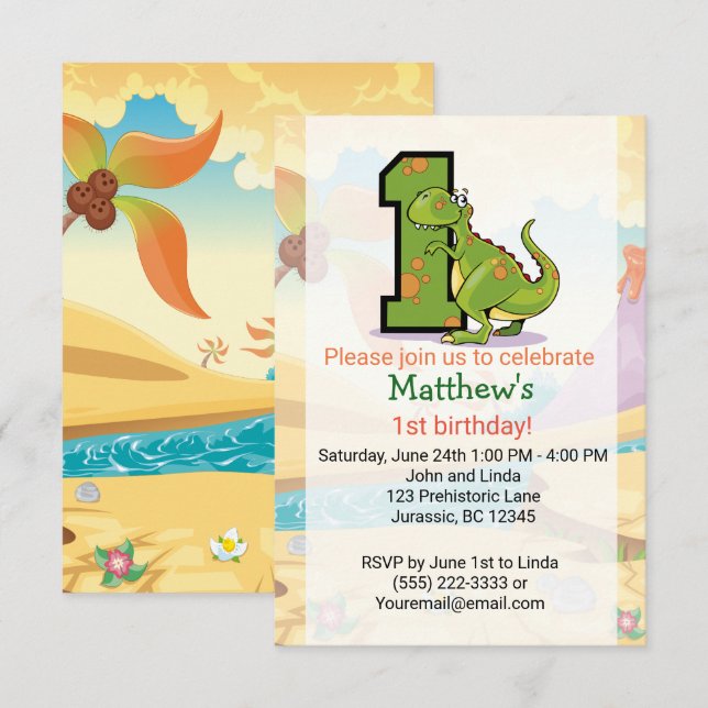 Invitation Dinosaur 1er anniversaire personnalisé (Devant / Derrière)