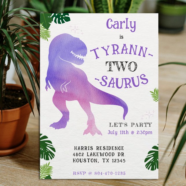 Invitation Dinosaur 2e anniversaire pourpre Tyrannosaurus Rex (Dinosaur 2nd Birthday Party Purple and Pink Tyrannosaurus Rex Invitation
)