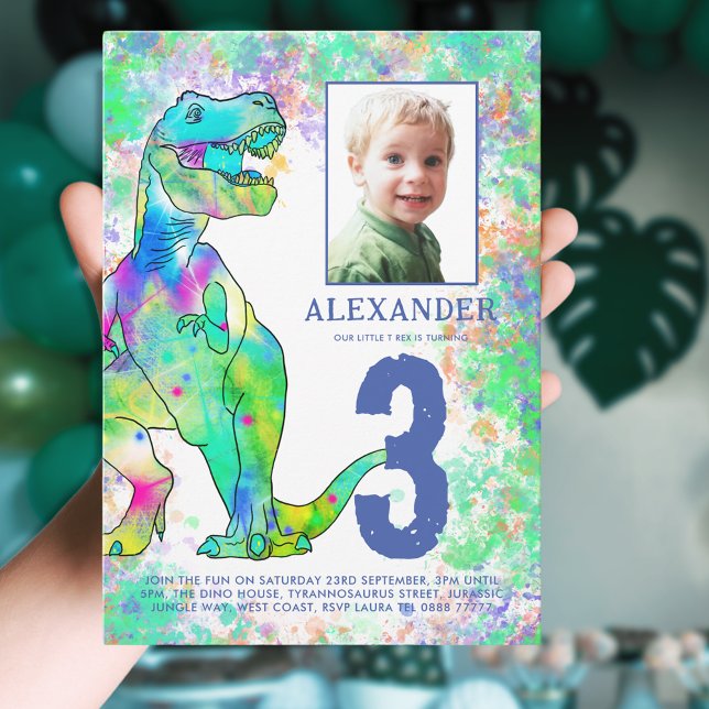 Invitation Dinosaur 3ème anniversaire de fête Photo (Colorful dinosaur 3rd birthday party invitation with photo template T-Rex dino watercolor splash)