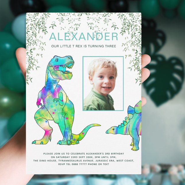 Invitation Dinosaur 3ème anniversaire de fête Photo (Colorful dinosaur 3rd birthday party invitation with photo template colorful T-Rex stegosaurus )