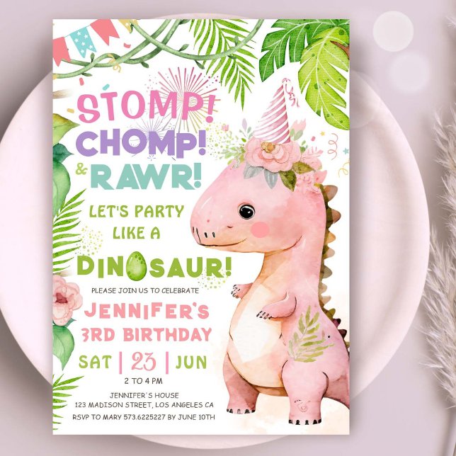 Invitation Dinosaur 3ème anniversaire fête Pink Dinosaur fill (#DinosaurBirthdayInvitation #DinosaurBirthdayInvite #GirlDinosaurBirthdayInvitation)