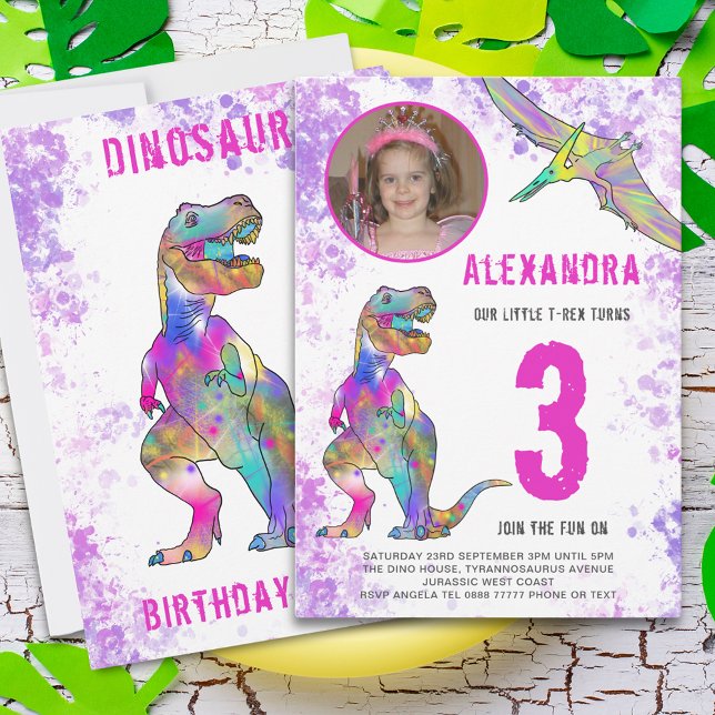 Invitation Dinosaur 3ème anniversaire fête rose (Girl pink dinosaur 3rd birthday party invitation photo template pink watercolor splash colorful dino)