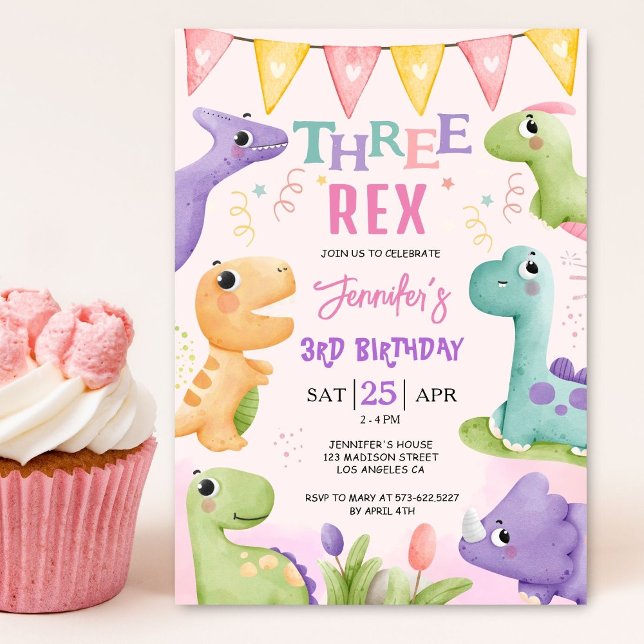 Invitation Dinosaur 3ème anniversaire fille mignonne Trois Re (Créateur téléchargé)