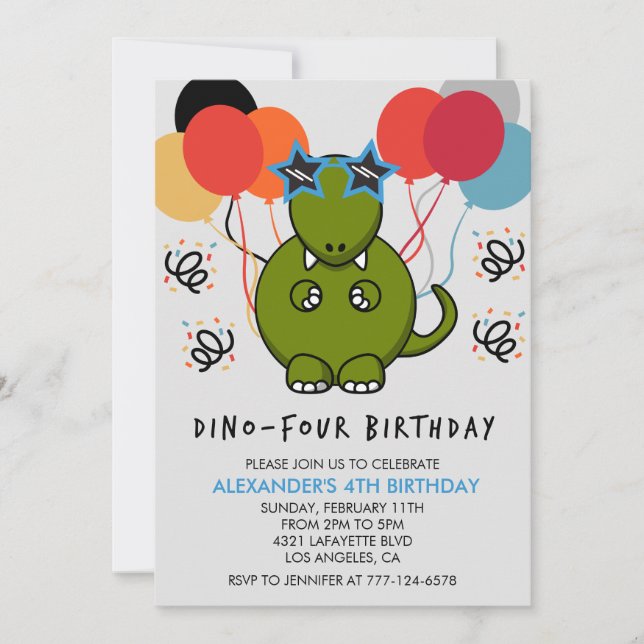 Invitation Dinosaur 4 ans anniversaire Fun enfants ballons t  (Devant)