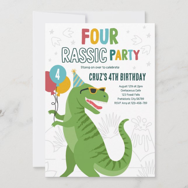 Invitation Dinosaur 4e anniversaire fête T-Rex 4e anniversair (Devant)