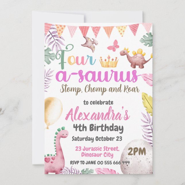 Invitation Dinosaur 4e anniversaire Four-A-Saurus Party (Devant)