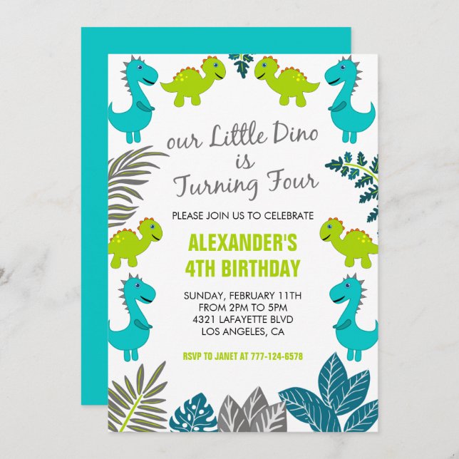 Invitation Dinosaur 4e anniversaire jungle vert dino t rex (Devant / Derrière)