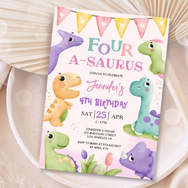 Invitation Dinosaur 4e anniversaire rose mignon quatre A-Saur (Créateur téléchargé)