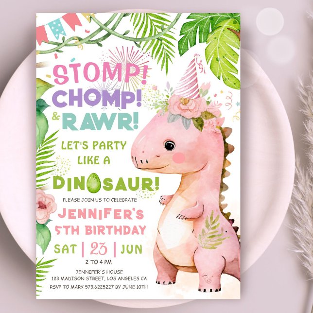 Invitation Dinosaur 5e anniversaire fête rose Dinosaure fille (#DinosaurBirthdayInvitation #DinosaurBirthdayInvite #GirlDinosaurBirthdayInvitation
)
