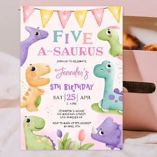 Invitation Dinosaur 5e anniversaire Rose Cute Four A Saurus I