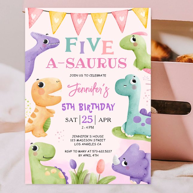 Invitation Dinosaur 5e anniversaire Rose Cute Four A Saurus I (Créateur téléchargé)