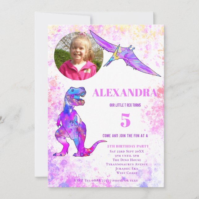 Invitation Dinosaur 5e anniversaire T Rex photo rose (Devant)