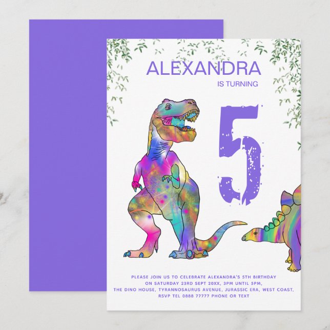 Invitation Dinosaur 5e fête d'anniversaire pour les filles vi (Devant / Derrière)