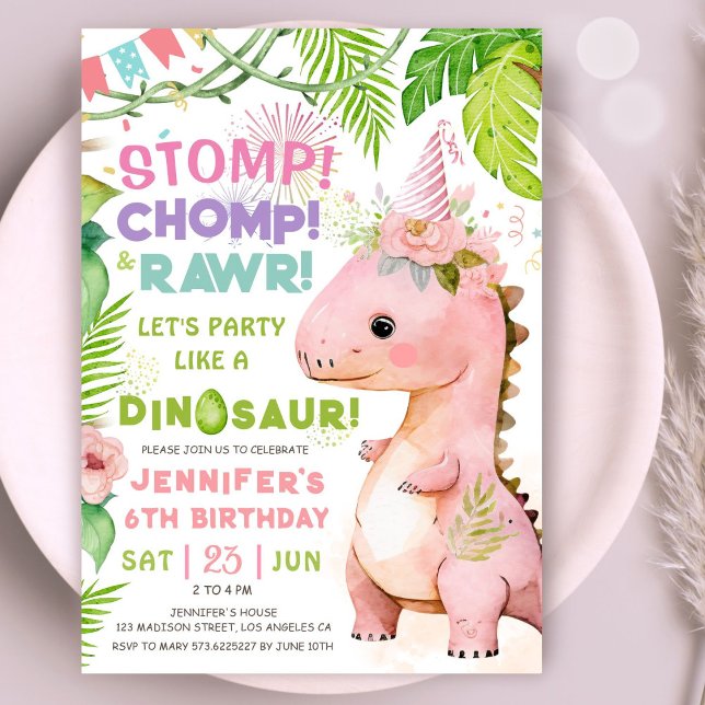 Invitation Dinosaur 6e fête d'anniversaire Dinosaure rose fil (Créateur téléchargé)