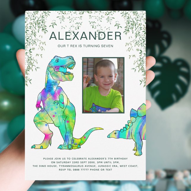 Invitation Dinosaur 7ème anniversaire de fête Photo (Dinosaur 7th birthday party with T-Rex and stegosaurus dino and Jurassic jungle colorful watercolor )
