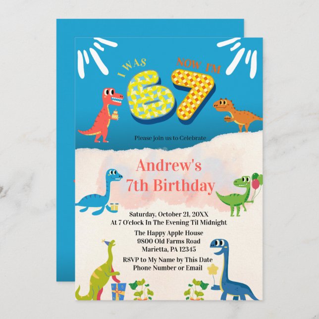 Invitation Dinosaur 7th Birthday Party I Was 6 Now I'm 7 (Devant / Derrière)
