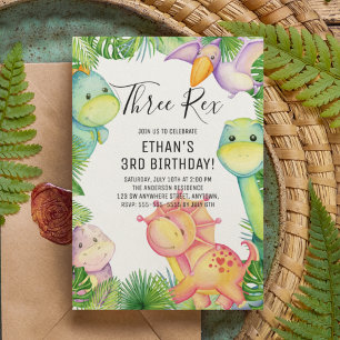 Invitation Dinosaur à l'aquarelle Trois Rex 3e Anniversaire