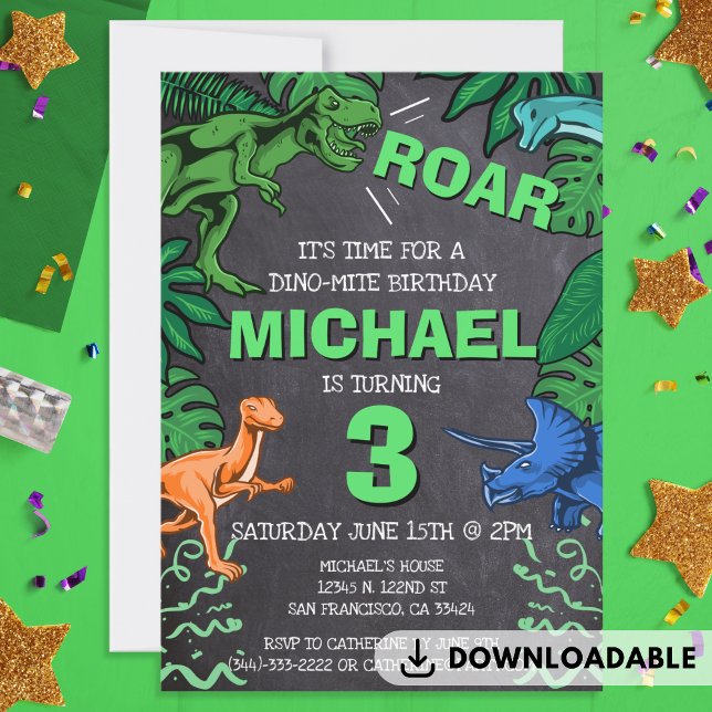 Invitation Dinosaur Anniversaire de enfant Dino Trex Chalkboa (Dinosaur Kids Birthday Dino Trex Chalkboard Boy Invitation)