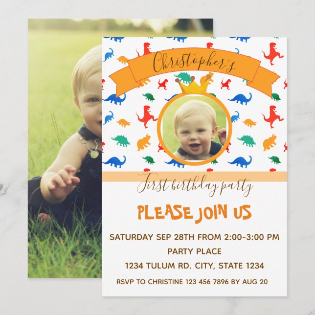 Invitation Dinosaur anniversaire de enfant fête bébé garçon p (Devant / Derrière)