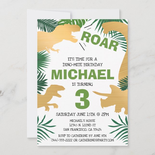 Invitation Dinosaur Anniversaire de enfant Gold Dinos Trex Bo (Devant)