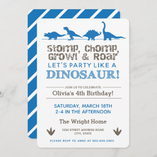 Invitation Dinosaur Anniversaire de la fête Blue Stomp Chomp