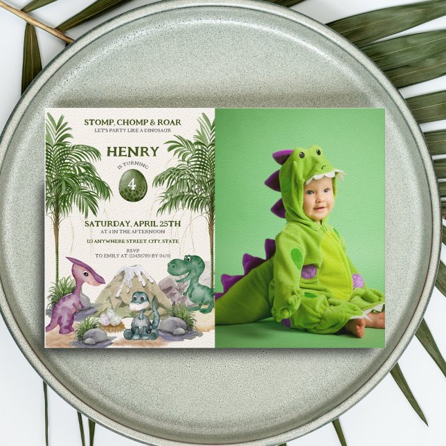 Invitation Dinosaur Anniversaire fête T-rex Aquarelle Photo (Créateur téléchargé)