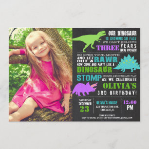 Invitation Dinosaur anniversaire fille tableau noir photo