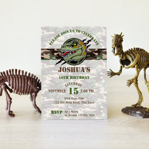 Invitation Dinosaur anniversaire raptor armée camouflage rayu