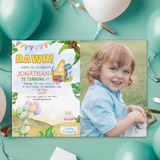 Invitation Dinosaur Birthday 4th with Photo | Rawr Dino Party