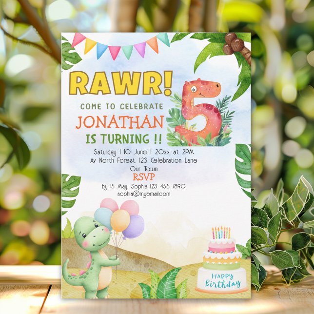 Invitation Dinosaur Birthday 5th for Boys | Rawr Dinosaur  (Créateur téléchargé)