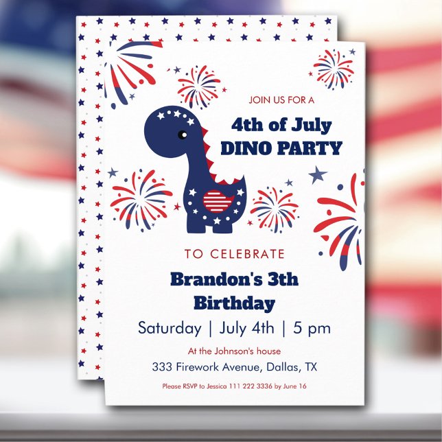 Invitation Dinosaur Boy Patriotique Feu d'artifice 4 juillet  (Dinosaur Boy Patriotic Fireworks 4th of July Party Invitation)