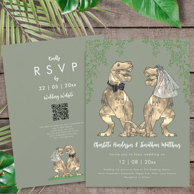 Invitation Dinosaur Bride & Groom Sage Green Wedding QR Code  (T-Rex bride and groom dinosaur sage green wedding qr code invitation )
