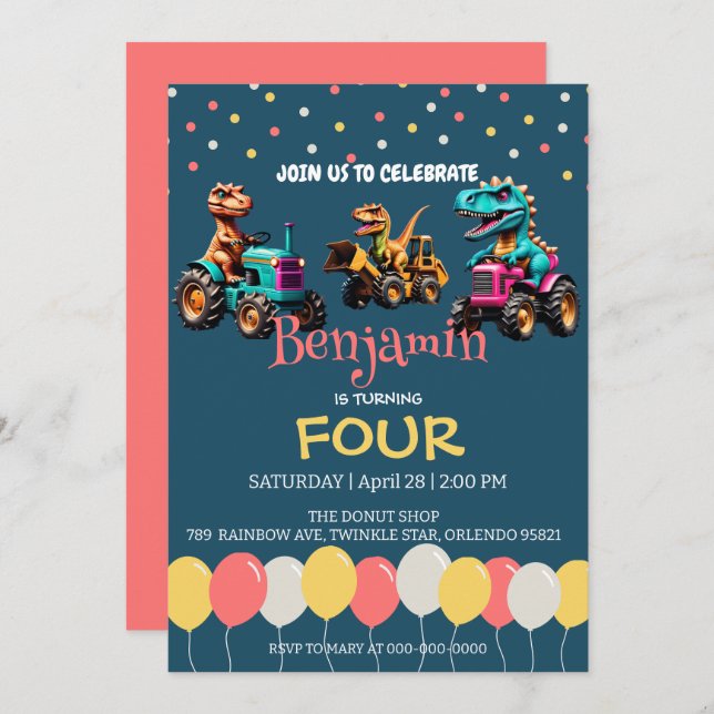 Invitation Dinosaur camion camion ballon école Anniversaire (Devant / Derrière)