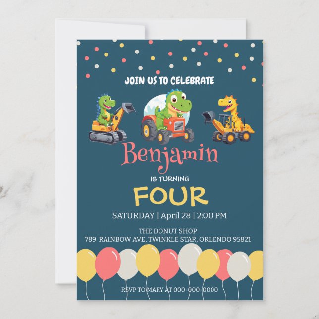 Invitation Dinosaur camion camion ballon école Anniversaire (Devant)