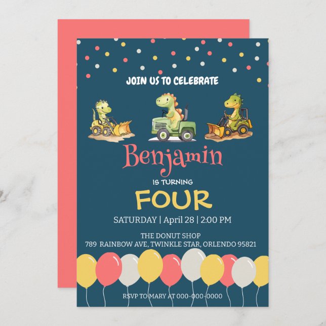 Invitation Dinosaur camion camion ballon école Anniversaire (Devant / Derrière)