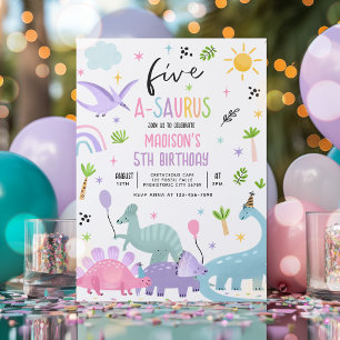 Invitation Dinosaur Cinq-A-Saurs Rose 5e fête d'anniversaire