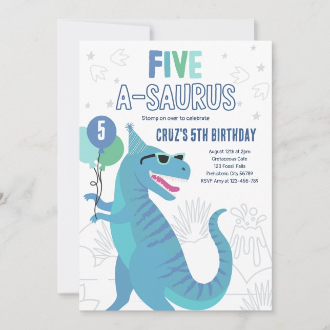 Invitation Dinosaur Cinq A-Saurus 5e fête d'anniversaire T-Re (Devant)