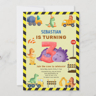 Invitation Dinosaur Construction Dino Crew 3e anniversaire