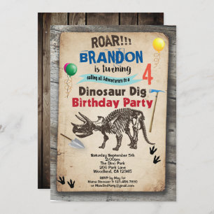 Invitation Dinosaur creuser l'invitation d'anniversaire rusti