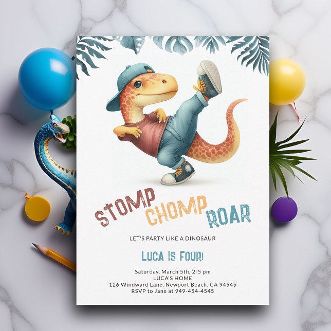 Invitation Dinosaur déménage Cool Stomp Chomp Roar Boy Annive (Dinosaur boy birthday invitation dino stomp chomp roar pre historic jungle hip dance party cute fun)