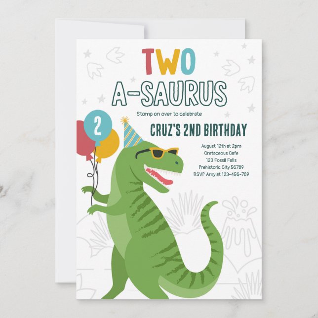 Invitation Dinosaur deux A-Saurus 2e fête d'anniversaire T-Re (Devant)