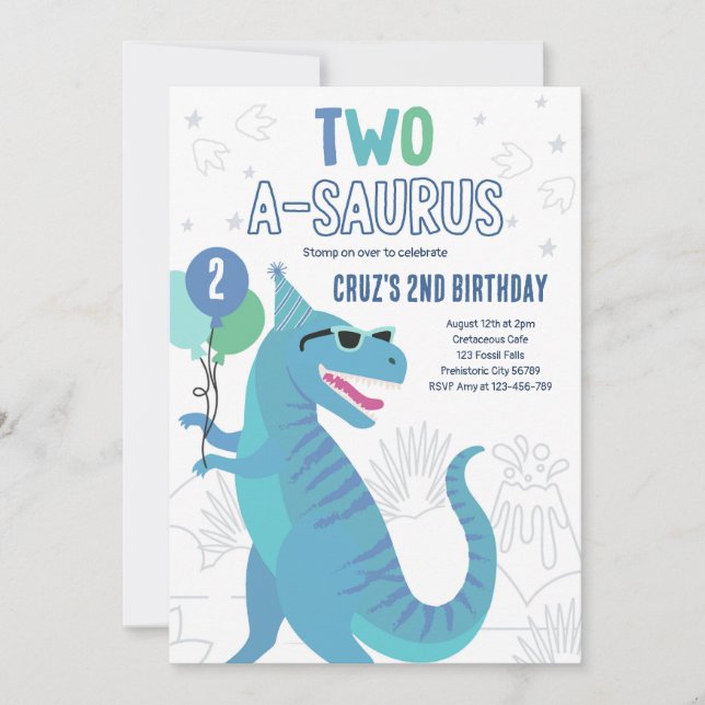 Invitation Dinosaur deux A-Saurus 2e fête d'anniversaire T-Re (Devant)
