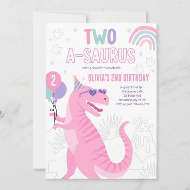 Invitation Dinosaur deux A-Saurus 2e fête d'anniversaire T-Re (Devant)