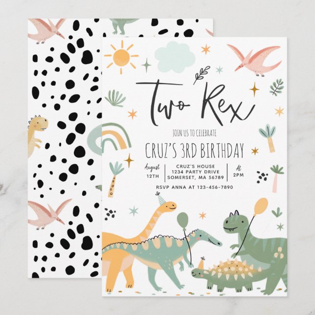 Invitation Dinosaur Deux Rex 2e fête d'anniversaire (Devant / Derrière)