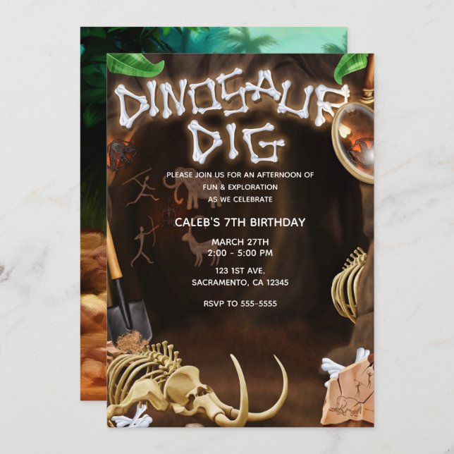 Invitation DINOSAUR DIG Bones Mystery Cave fête d'anniversair (Devant / Derrière)