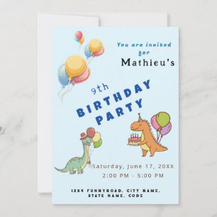 Invitation Dinosaur dino fête anniversaire de enfant bleu drô